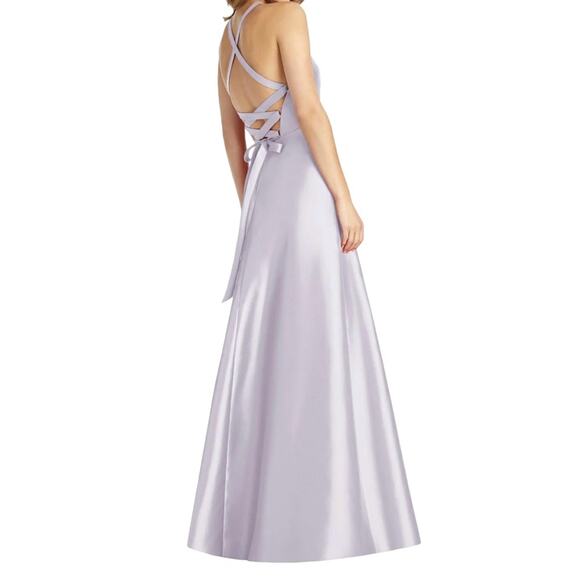 ALFRED SUNG Halter Lace-Up Back Satin Twill Gown In Moondance - Picture 1 of 10